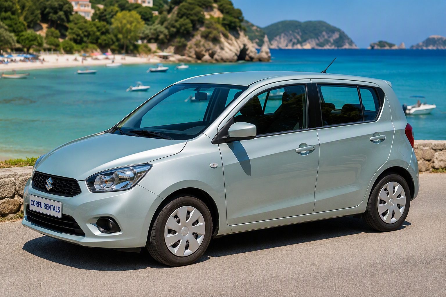 Silver compact car parked by the Corfu coast