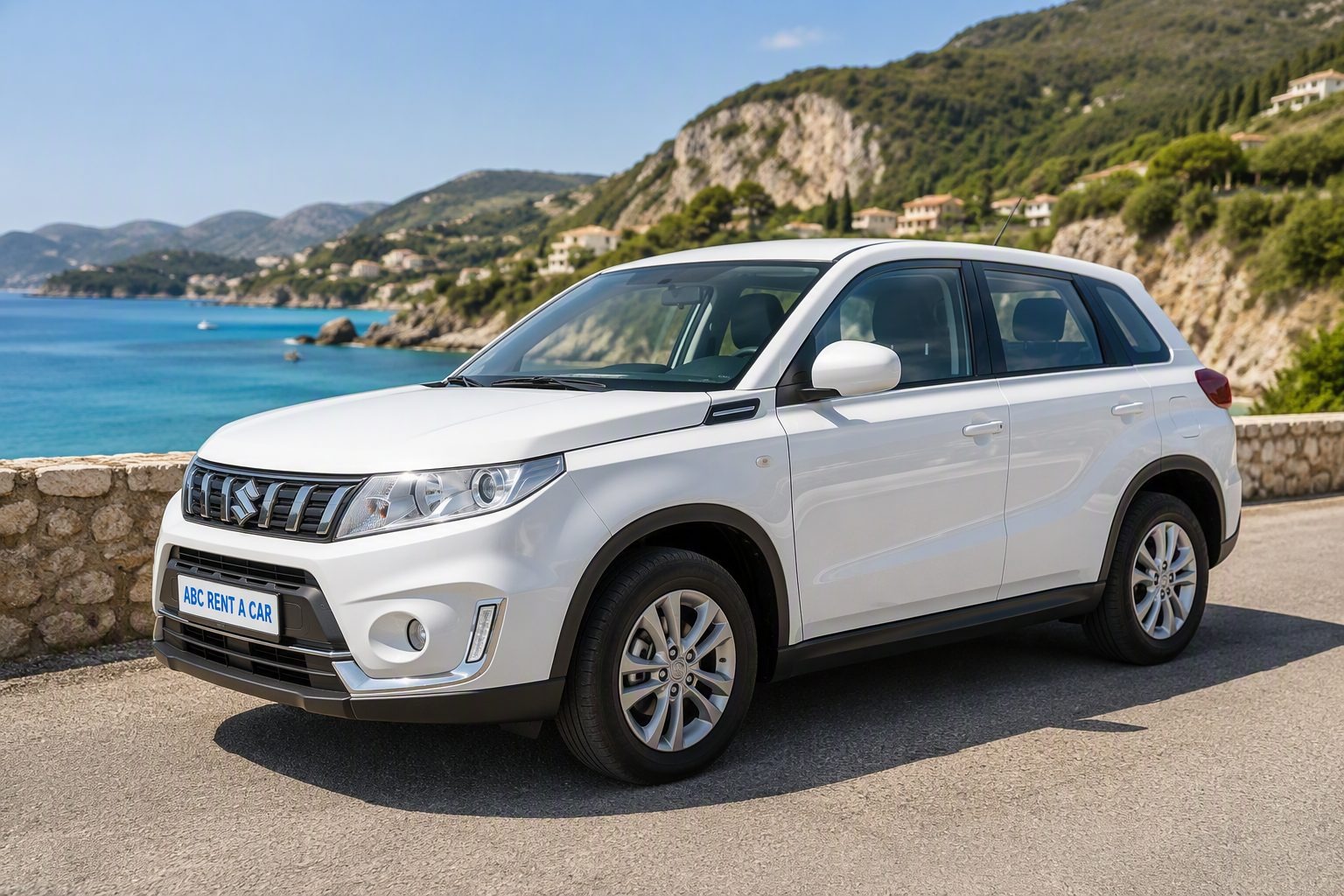White SUV parked on a Corfu coastal road